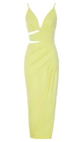 SATIN CUT OUT V NECK MIDI DRESS IN YELLOW-styleofcb