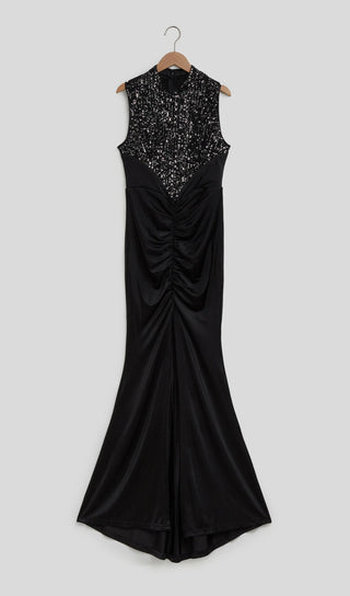 SEQUIN GATHERED BODYCON MAXI DRESS IN BLACK