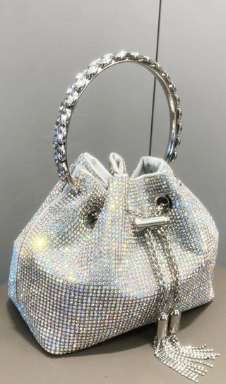 CRYSTAL EMBELLISHED BUCKET BAG IN SILVER Bags styleofcb 