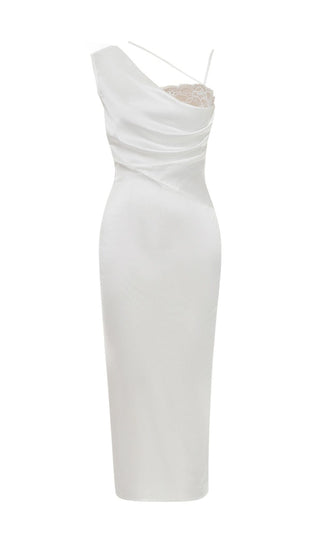 SATIN ONE SHOULDER MIDI DRESS IN WHITE styleofcb 