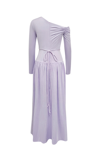 LAVENDER OFF-SHOULDER LONG-SLEEVED PLEATED MAXI DRESS