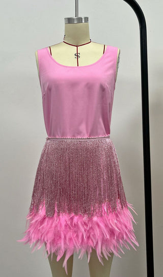 SHINY FRINGE FEATHER MINI DRESS IN PINK styleofcb 