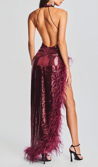 RED SLIT SEQUIN FEATHER MAXI DRESS