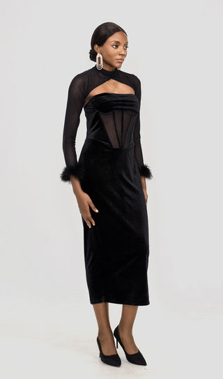 VELVET CORSET MAXI DRESS IN BLACK