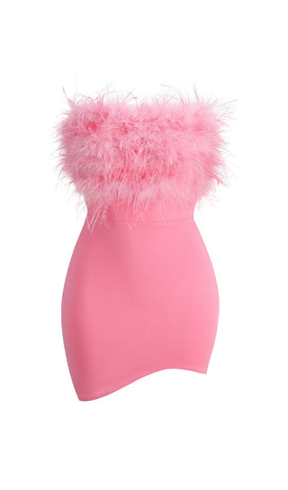 PINK STRAPLESS FEATHER BODYCON MINI DRESS styleofcb 