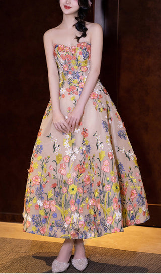 STRAPLESS TEA LENGTH FLORAL MIDI DRESS