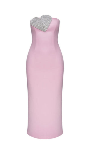 PINK HEART-EMBELLISHED STRAPLESS COLUMN MIDI DRESS