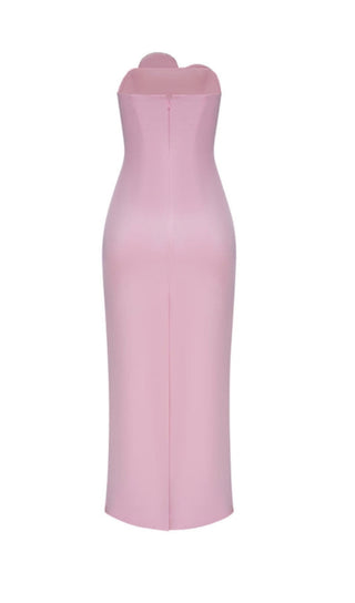 PINK HEART-EMBELLISHED STRAPLESS COLUMN MIDI DRESS