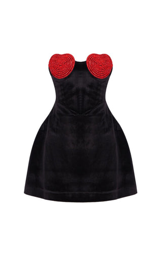 BESS CRYSTAL RED HEART MINI DRESS IN BLACK