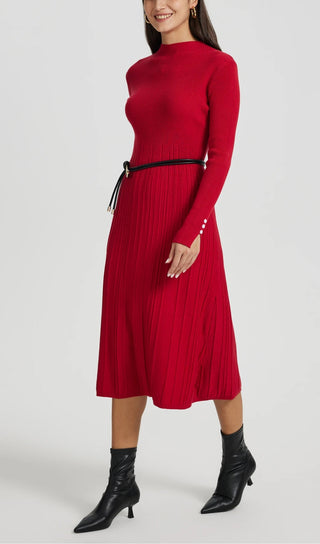 LONG SLEEVE KNIT MIDI DRESS IN RED