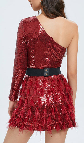 ONE-SHOULDER  FEATHER SEQUINS MINI DRESS