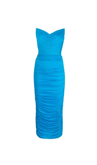 BLUE RUCHED STRAPLESS MIDI DRESS