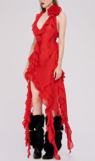 PLUNGING NECKLINE RUFFLE DRESS IN RED styleofcb 