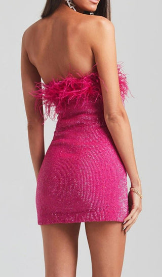 SEQUIN FEATHER STRAPLESS MINI DRESS IN PINK styleofcb 