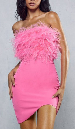 PINK STRAPLESS FEATHER BODYCON MINI DRESS styleofcb 