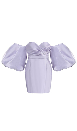 SATIN PUFF SLEEVE MINI DRESS IN LIGHT PURPLE styleofcb 