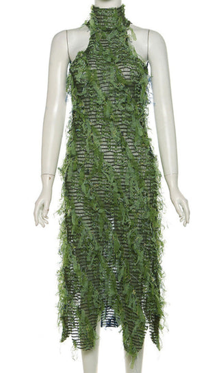 HALTERNECK BACKLESS HOLLOW MIDI DRESS IN GREEN