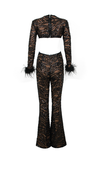 BLACK SEXY BACKLESS SEQUINED FEATHER JUMPSUIT