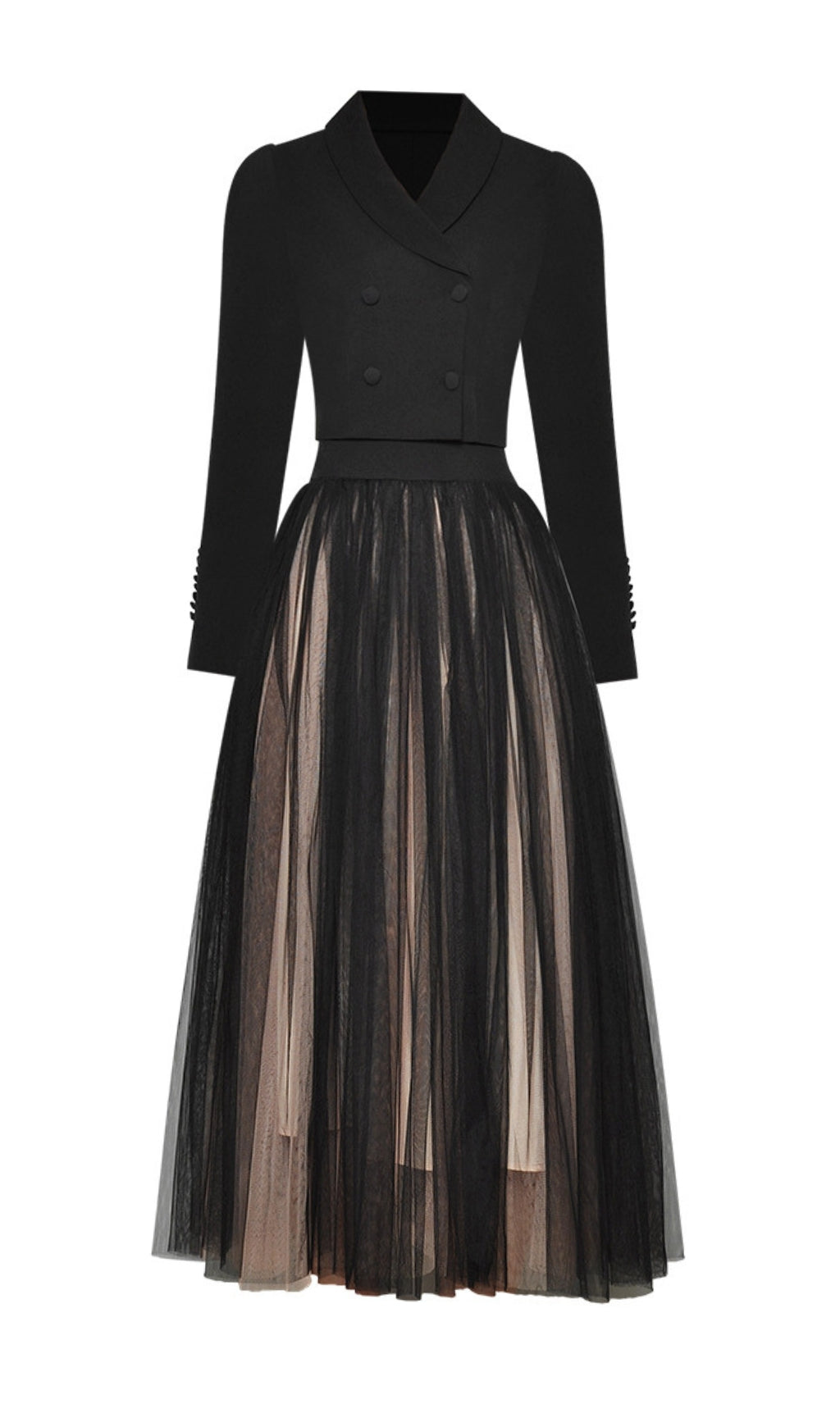 ZWEIREIHIGER LANGARM-BLAZER UND TAILLIERTES NETZKLEID