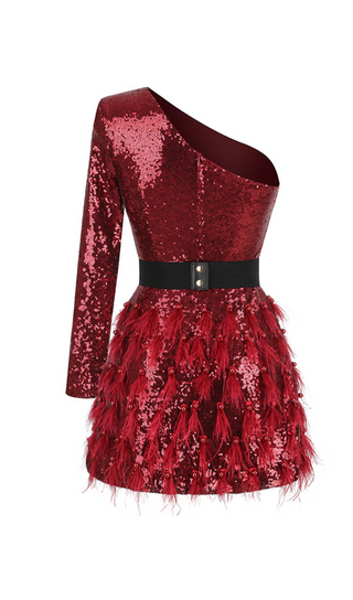 ONE-SHOULDER  FEATHER SEQUINS MINI DRESS