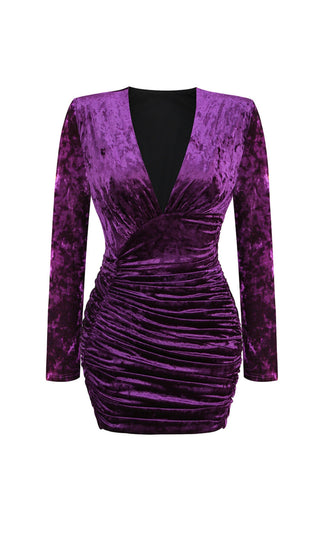 PURPLE V NECK RUCHED VELVET MINI DRESS