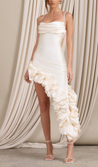 OFF WHITE SATIN ASYMMETRIC RUFFLE COWL MIDI DRESS