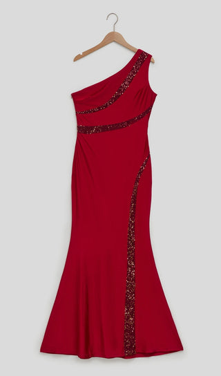 SEQUINNED FISHTAIL MIDI DRESS IN RED