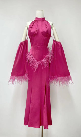 HALTERNECK FEATHER SATIN DRESS IN PINK