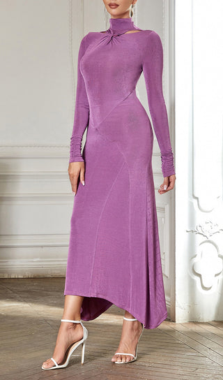 PURPLE LONG-SLEEVED HALTER NECK TIGHT FISHTAIL DRESS