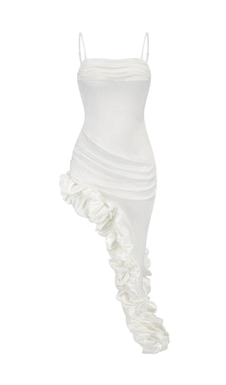 OFF WHITE SATIN ASYMMETRIC RUFFLE COWL MIDI DRESS