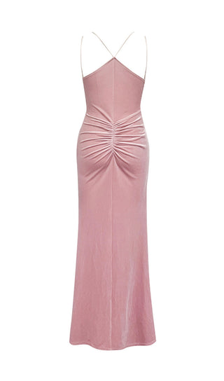 PINK SUSPENDER BACKLESS VELVET PLEATED HIP DRESS