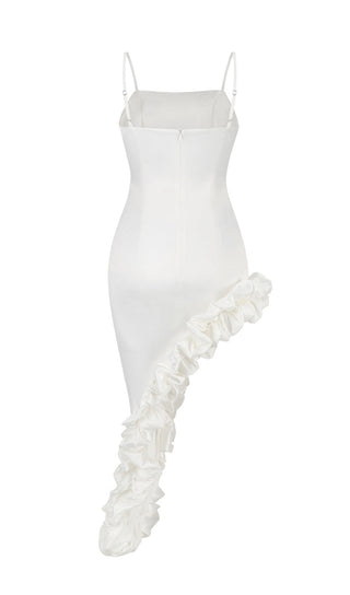 OFF WHITE SATIN ASYMMETRIC RUFFLE COWL MIDI DRESS