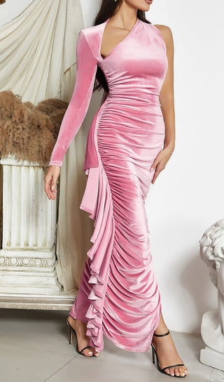 ROSE PINK SINGLE LONG SLEEVE RUCHED SIDE DETAIL MAXI DRESS