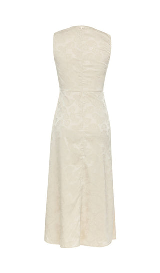 ROBE MIDI SANS MANCHES EN JACQUARD FRONCÉ CHAMPAGNE