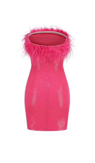 SEQUIN FEATHER STRAPLESS MINI DRESS IN PINK styleofcb 