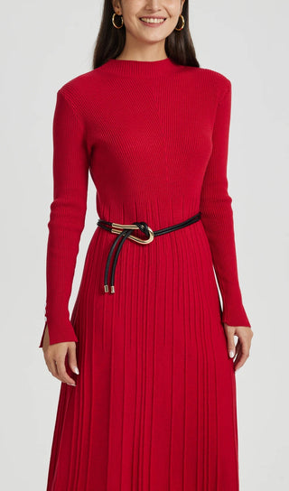 LONG SLEEVE KNIT MIDI DRESS IN RED