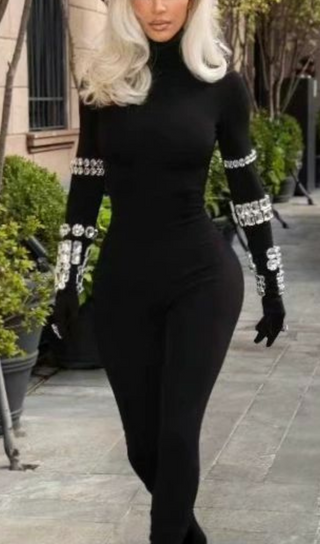 BLACK CRYSTAL EMBELLISHED TURTLENECK JUMPSUIT