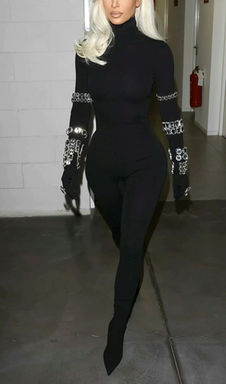 BLACK CRYSTAL EMBELLISHED TURTLENECK JUMPSUIT