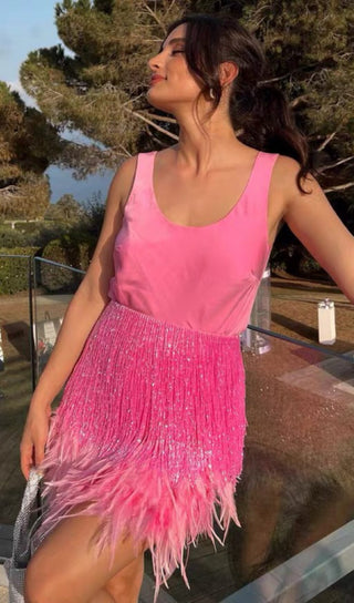 SHINY FRINGE FEATHER MINI DRESS IN PINK styleofcb 