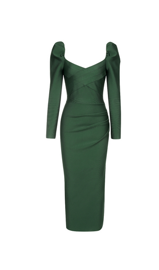 GREEN LONG SLEEVE RUCHED MIDI DRESS