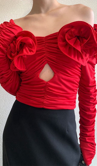 FLOWER ONE -LINE SHOULDER PLEATED BACKLESS TOP IN RED styleofcb 