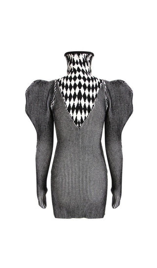 PUFF SLEEVE GEOMETRIC KNIT DRESS