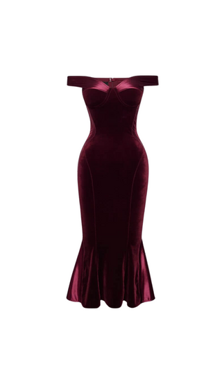 POLYESTER SPANDEX SATIN MIDI DRESS IN BURGUNDY