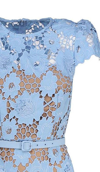 APPLIQUÉD FLORAL LACE MIDI DRESS IN BLUE