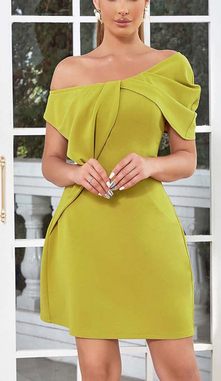 ASYMMETRICAL NECK RUFFLE MINI DRESS IN GREEN DRESS STYLE OF CB 