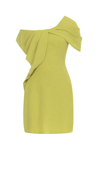 ASYMMETRICAL NECK RUFFLE MINI DRESS IN GREEN DRESS STYLE OF CB 