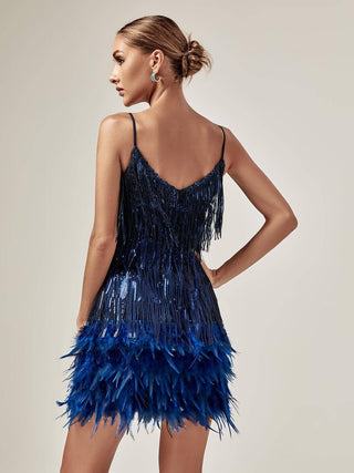 Austyn Tassel Feather Mini Dress In Royal Blue Dresses styleofcb 