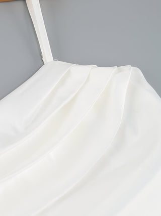 OFF WHITE SATIN ASYMMETRIC RUFFLE COWL MIDI DRESS