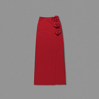 RED WOOL-SILK ROSE-EMBELLISHED SKIRT