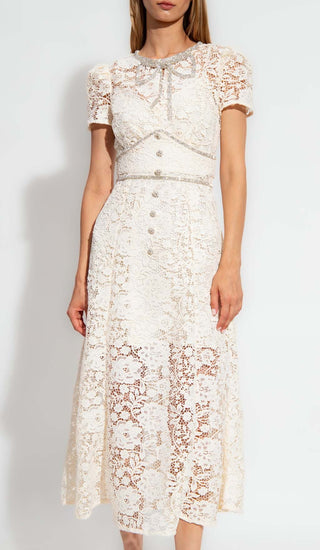 CREAM EMBELLISHED FLORAL LACE MIDI DRESS